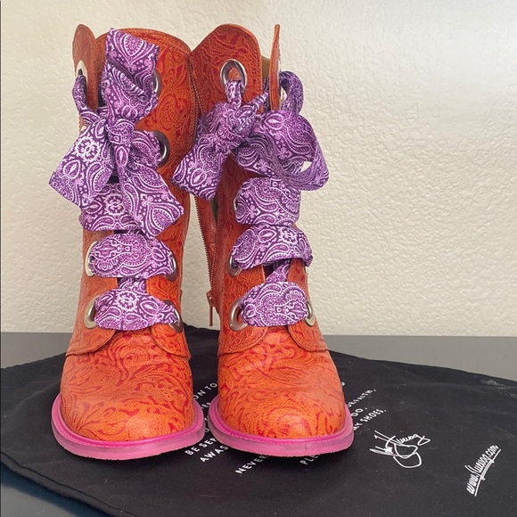 John Fluevog Shoes - John Fluevog Orange Boots with Purple Laces